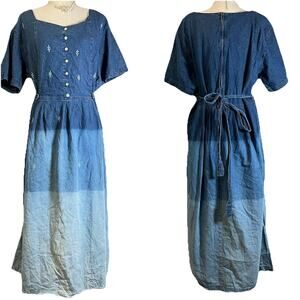 VTG Jane Ashlet Embroidered Denim Maxi Dress Sz 2X Gradient Blue Peasant Belted